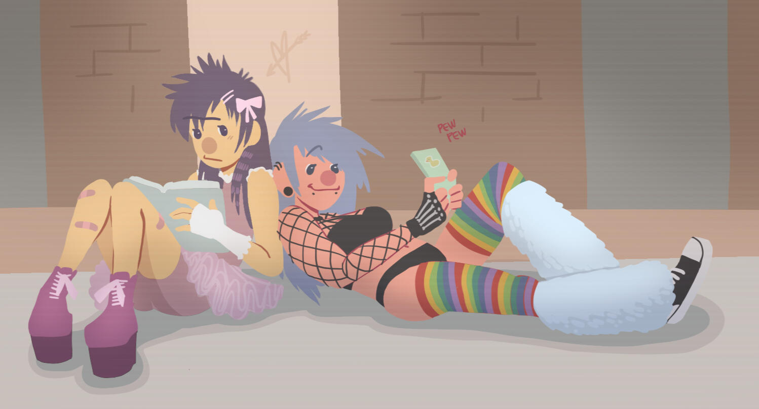 Sesame Street's Bert and Ernie as scene/alt girls.